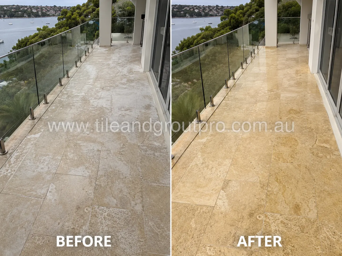 Before-and-after comparison of waterfront balcony travertine tiles with weathered sealer residue, whitening, and faded surface appearance before Sealer Stripping.