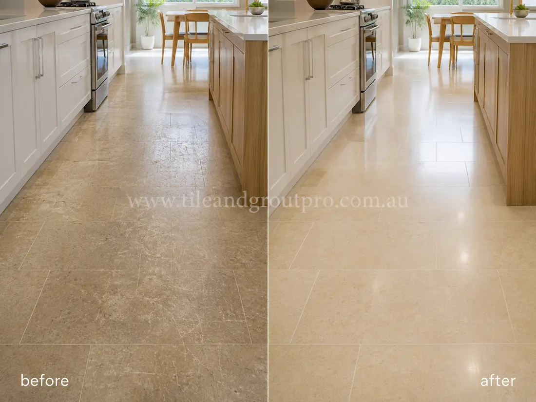 Modern kitchen with beige travertine floor tiles before and after scratch removal, showing dull scratched stone flooring restored to a brighter polished surface. 