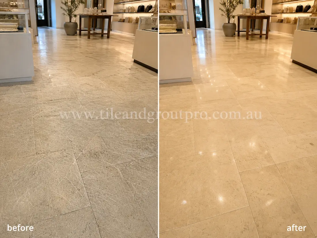 Retail showroom with beige travertine floor tiles before and after scratch removal, showing extensive surface scratches and wear restored to a smooth reflective finish. 