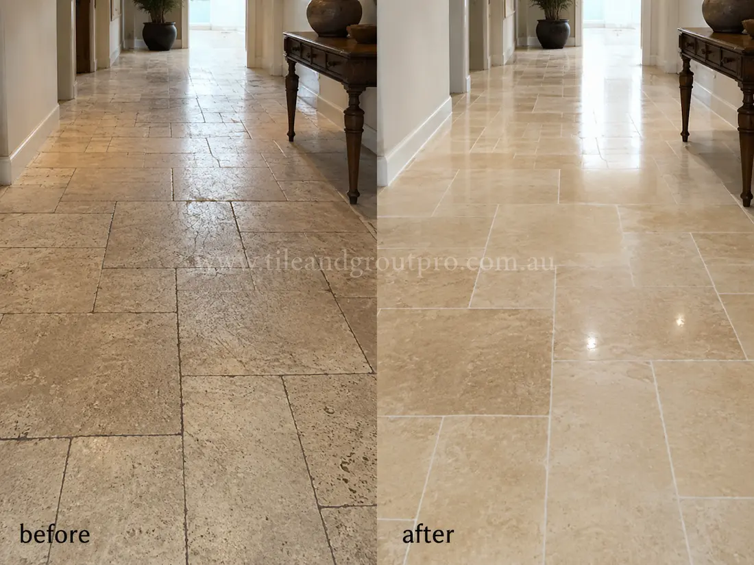 Residential hallway travertine floor before grinding, showing dull natural stone tiles, surface wear, and uneven sheen along the corridor.