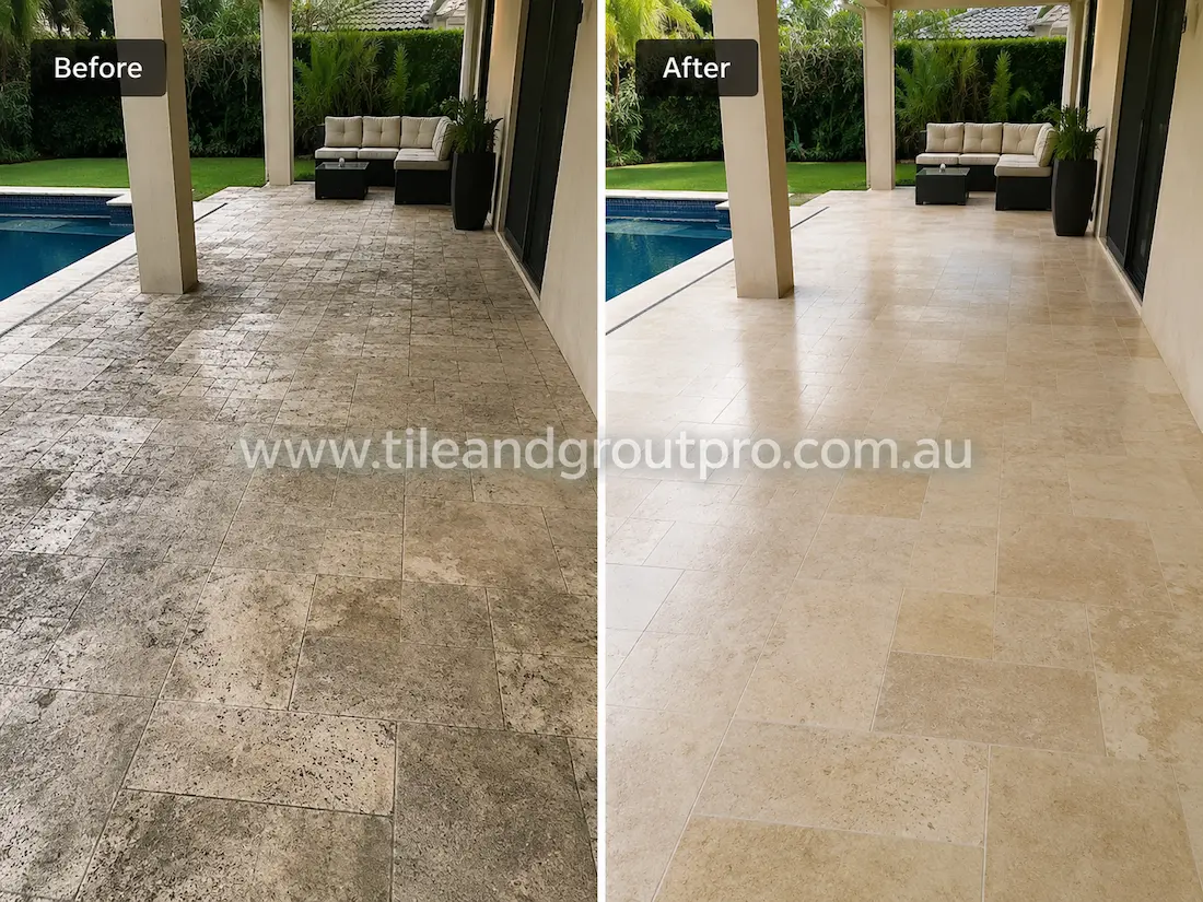 Outdoor poolside travertine pavers before grinding, featuring dark weather stains, surface wear, and uneven coloration across the covered patio beside the swimming pool.