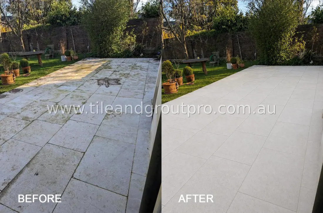 Outdoor travertine patio restoration before and after removing moss, dirt, and discoloration for a fresh clean surface