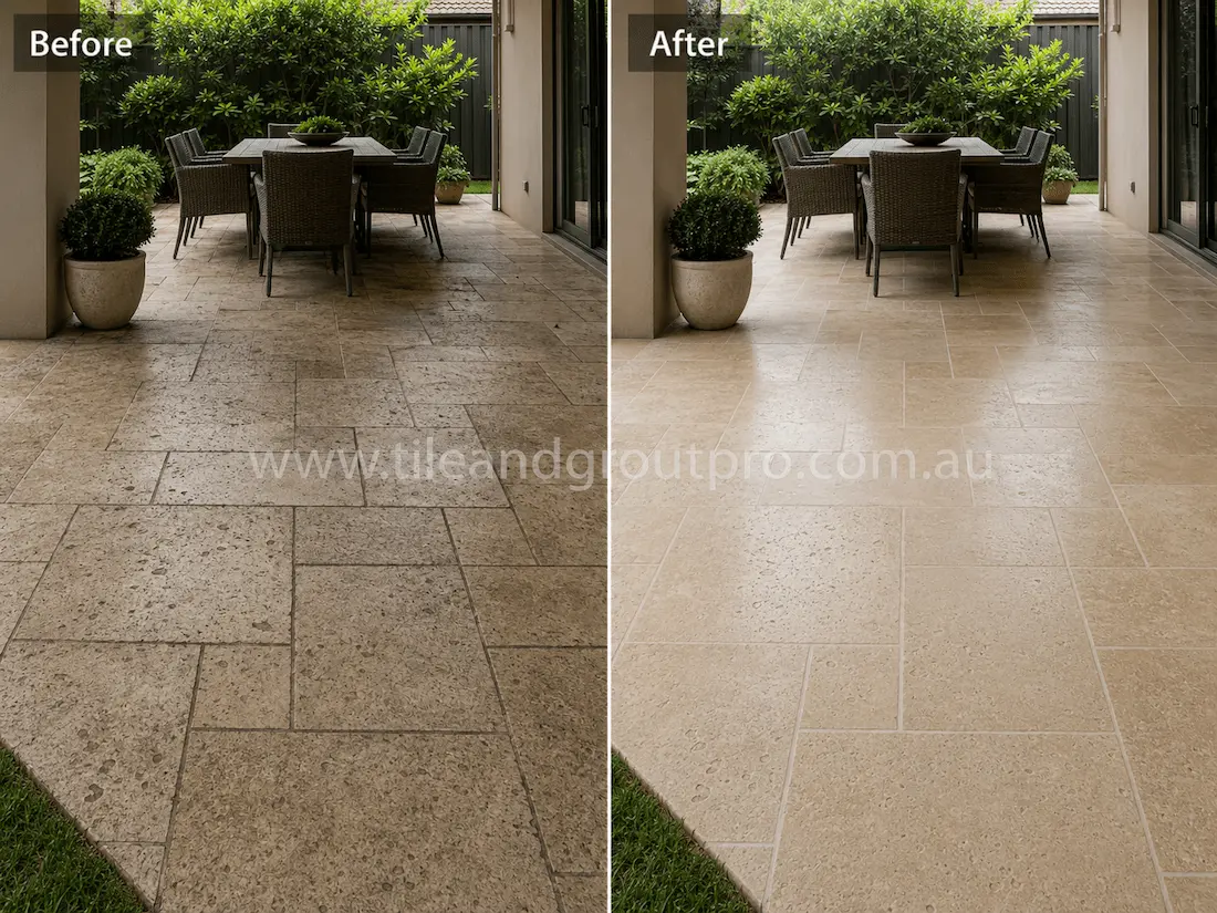 Covered alfresco dining area with travertine pavers showing weather exposure, surface fading, and worn grout joints before professional tile resurfacing.