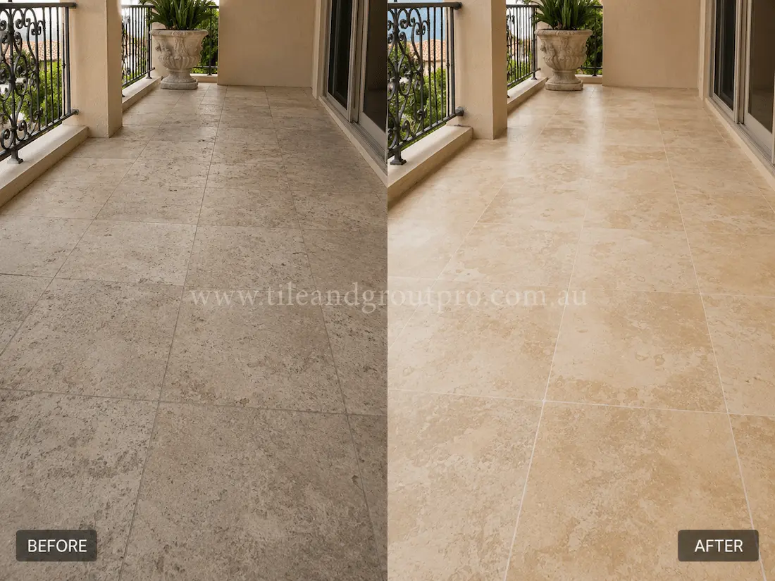 Before tile renewal, the outdoor travertine balcony floor appeared weathered and dull with visible surface wear and discoloration near the railing and entry doors.