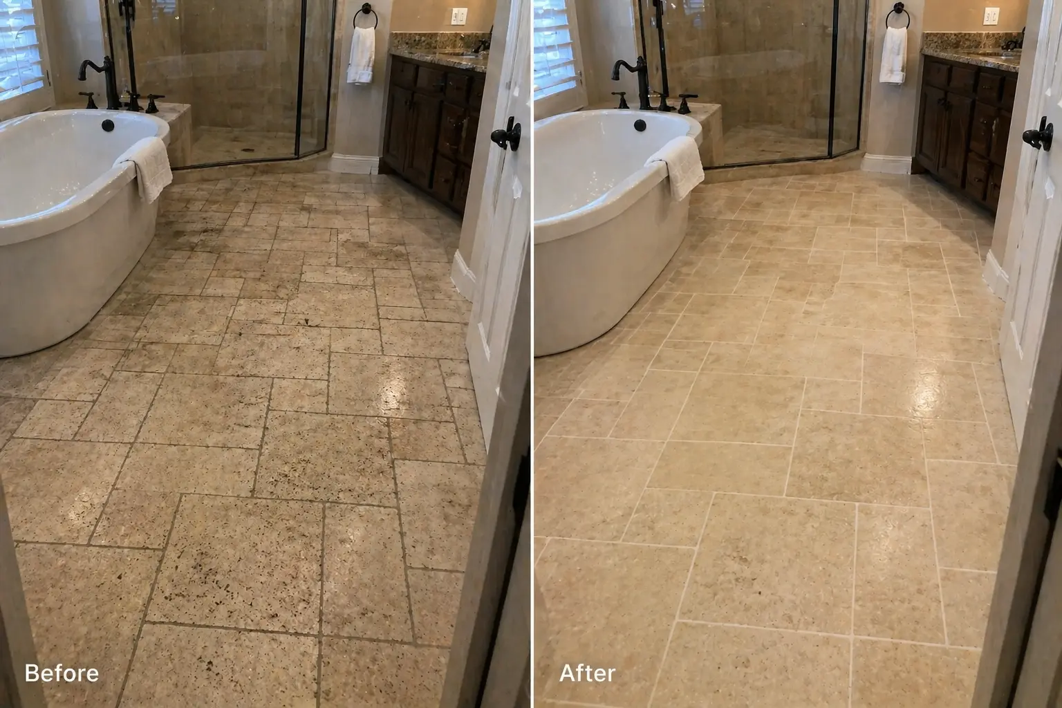 Travertine bathroom floor tiles with soap residue, dirt buildup, and dark grout lines before cleaning, shown refreshed with a cleaner surface and brighter grout after tile and grout cleaning