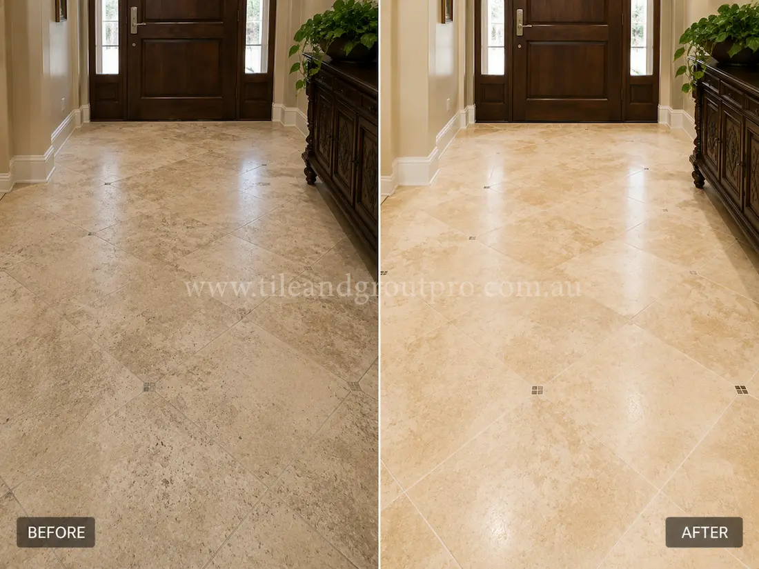 Before tile renewal, the travertine entryway floor had visible etching, surface dullness, and worn traffic paths near the front door and hallway furniture.