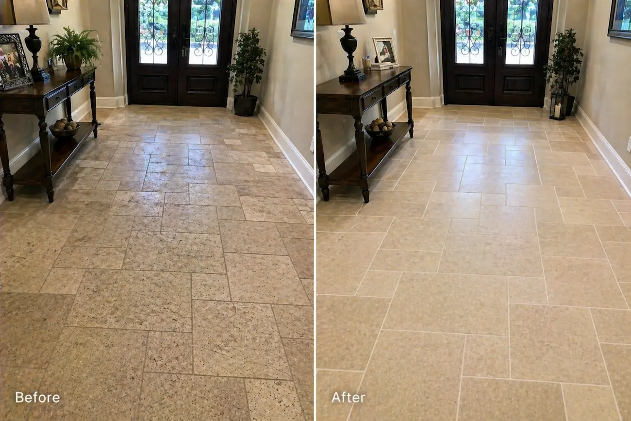 Travertine entryway floor tiles with embedded dirt, worn appearance, and darkened grout before cleaning, shown brightened with cleaner grout lines and more even color after tile and grout cleaning