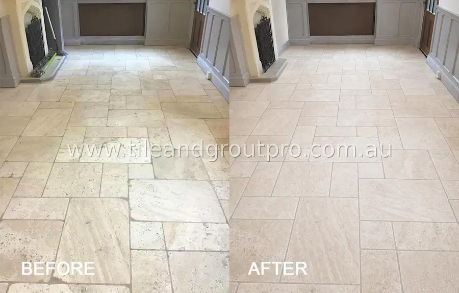 Travertine hallway floor polishing before and after showing brighter surface, clean grout lines, and restored stone texture