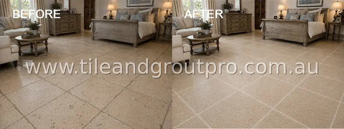 Travertine flooring before and after regrouting with worn grout replaced by fresh even grout lines