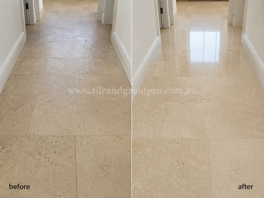 Before stone polishing, the hallway travertine floor tiles appeared dull and uneven with reduced clarity and shine in a luxury residential corridor leading to a dining area.