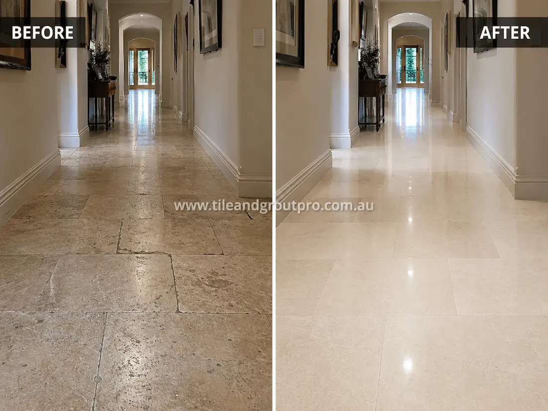 Residential hallway with travertine floor tiles displaying traffic wear, surface dullness, and uneven finish before tile resurfacing and restoration.
