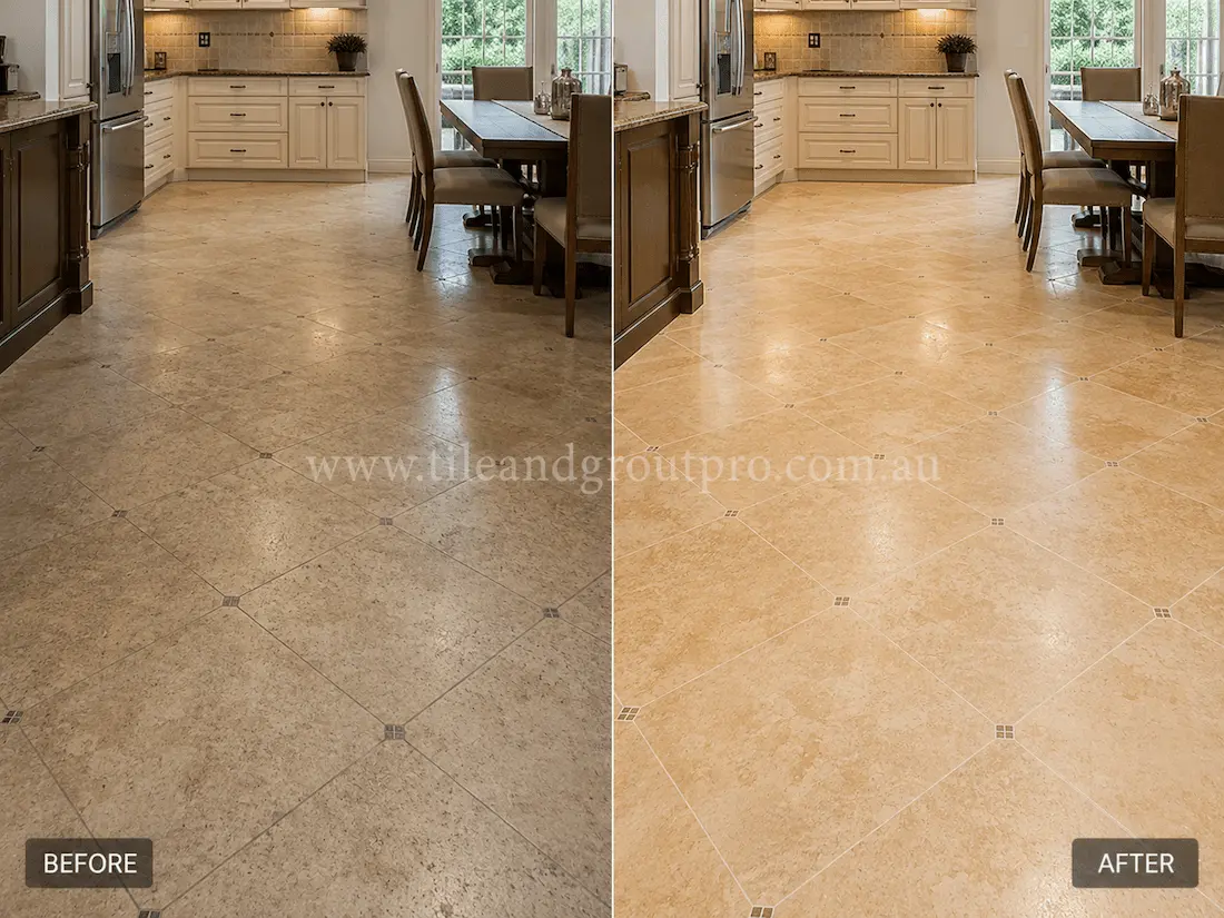 Before tile renewal, the travertine kitchen and dining floor showed dullness, etched traffic patterns, and uneven coloring across the residential cooking and seating area.
