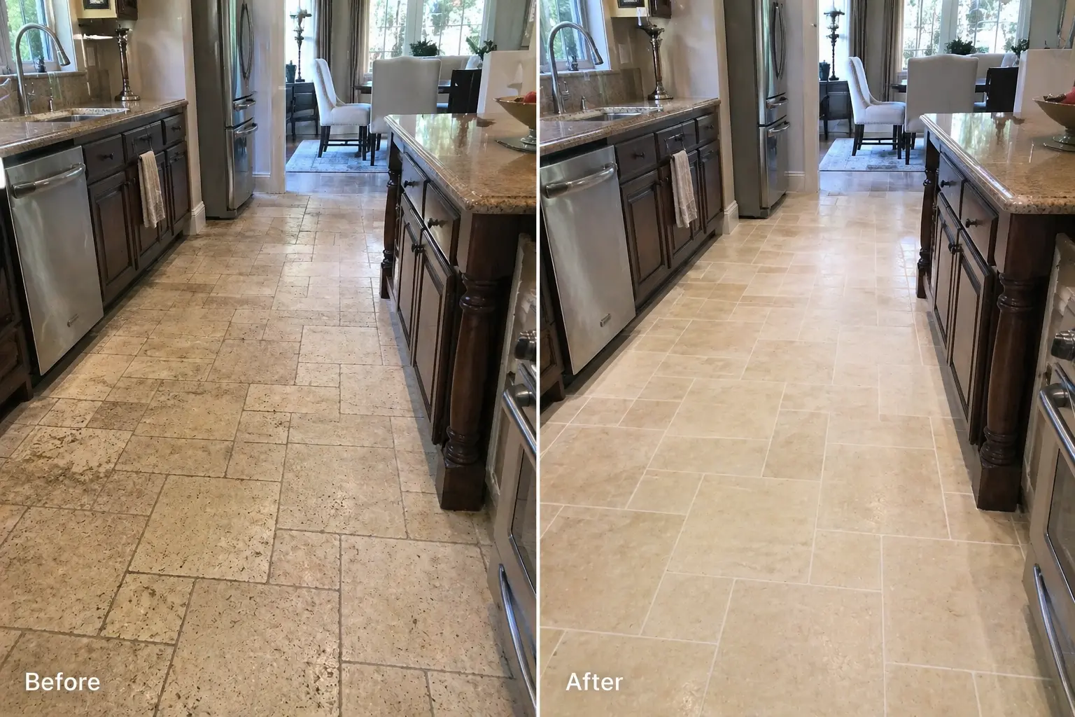 Travertine kitchen floor tiles with visible soil buildup, darkened grout lines, and patchy discoloration before cleaning, shown restored to a lighter, more even finish after tile and grout cleaning