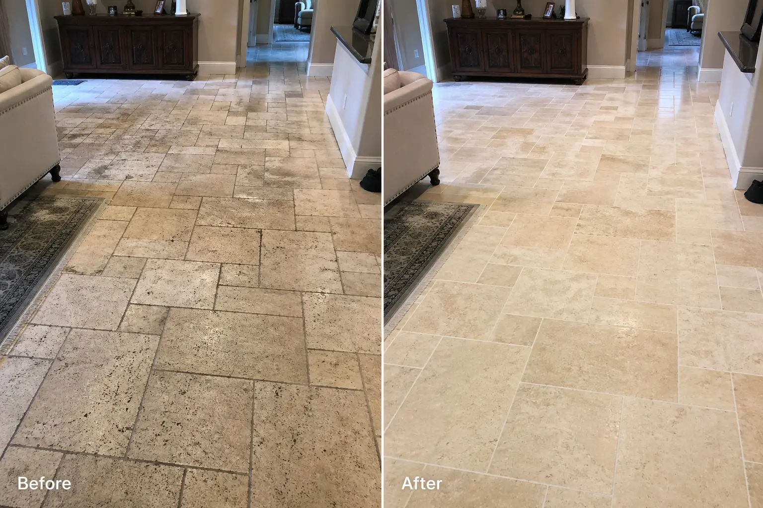 Travertine living room floor tiles with embedded dirt, uneven staining, and dull surface before cleaning, shown brightened with cleaner grout lines and improved uniformity after tile and grout cleaning