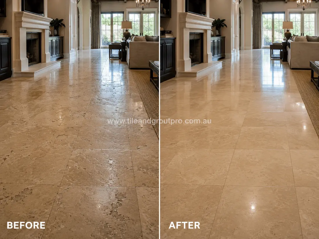 Living room with large-format travertine floor tiles near a fireplace, showing dull wear patterns, light etching, and reduced shine before professional tile resurfacing.