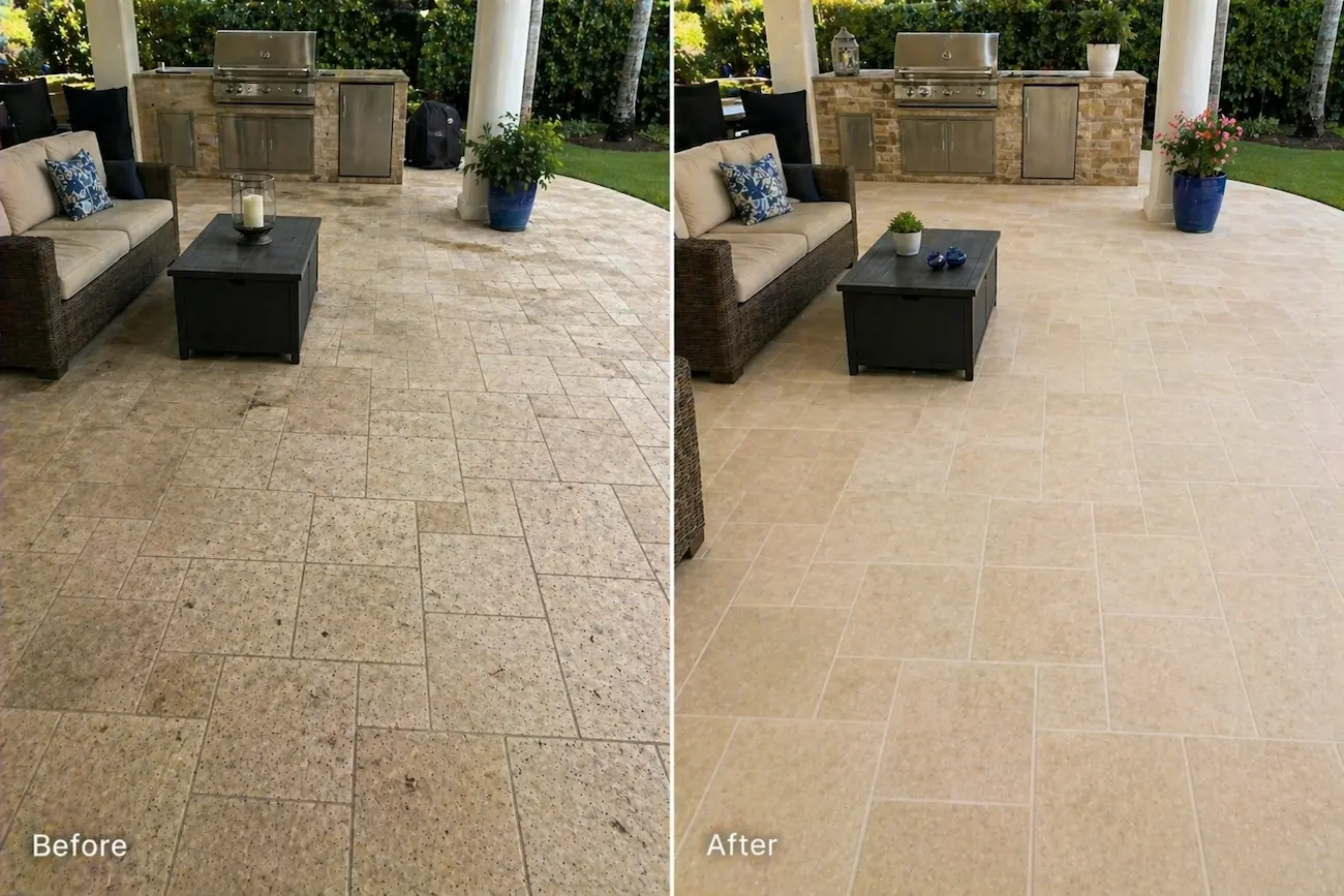 Outdoor travertine patio tiles with heavy grime, dark spotting, and weather-related staining before cleaning, shown restored to a cleaner, more consistent appearance after tile and grout cleaning
