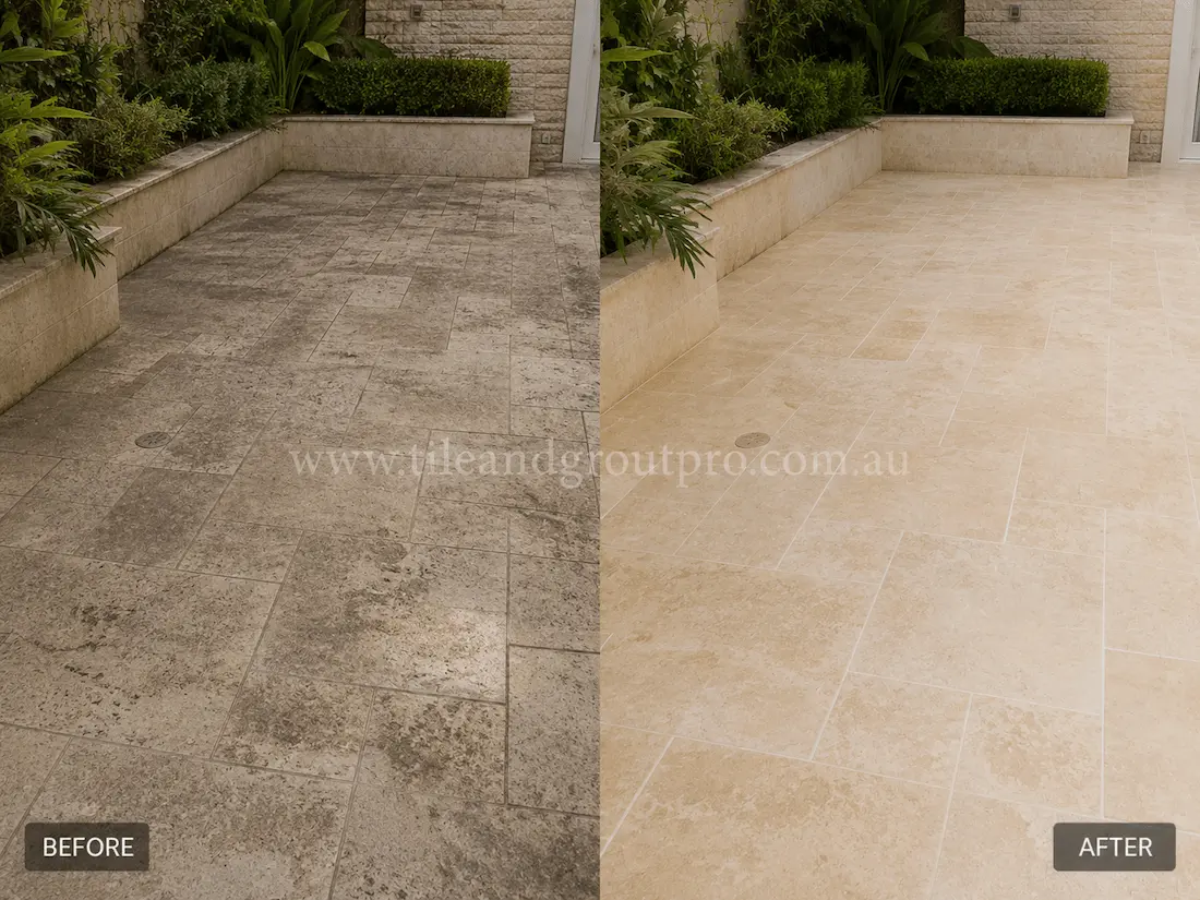 Before tile renewal, the outdoor travertine patio floor had dark staining, weather exposure marks, and heavy surface wear throughout the landscaped courtyard area.