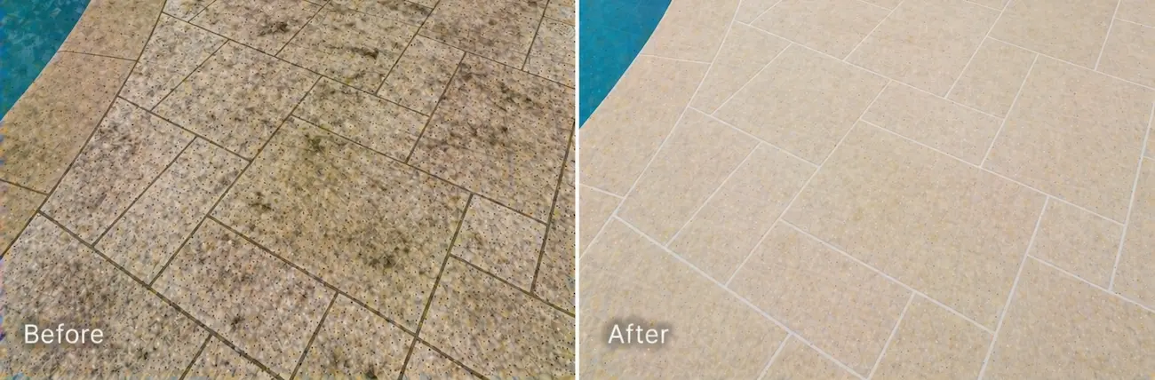 Outdoor travertine poolside tiles with algae growth, dark staining, and weather-related grime before cleaning, shown restored to a clean, bright surface with improved grout lines after tile and grout cleaning