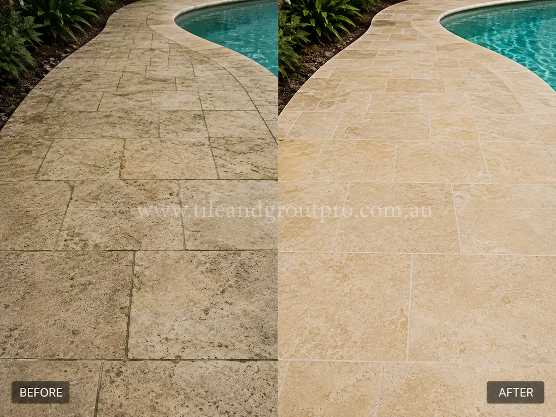 Before tile renewal, the outdoor travertine poolside patio showed dark organic staining, weathering, and faded stone surfaces along the curved swimming pool edge.