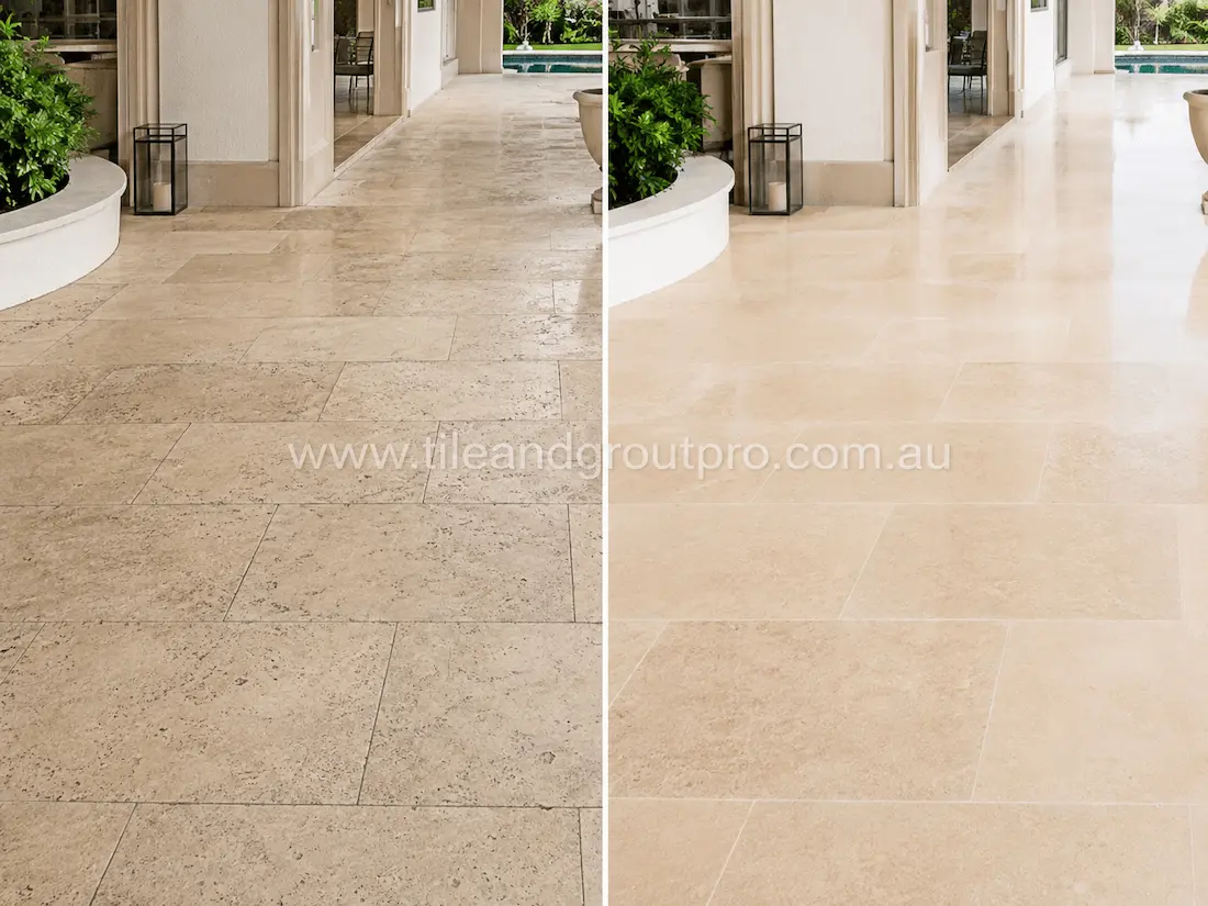 Outdoor travertine walkway near a pool and landscaped courtyard with dull stone, weathering, and surface wear visible before tile resurfacing and restoration.