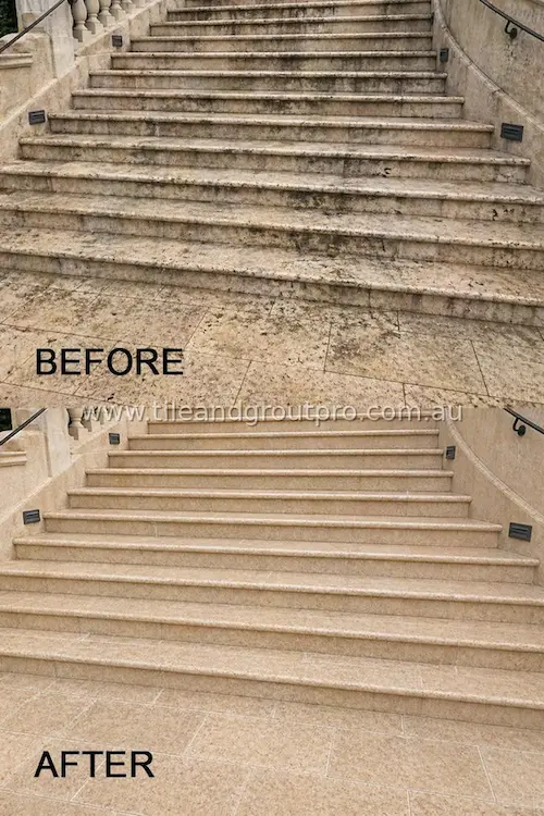Travertine stair restoration before and after showing removal of heavy dirt, stains, and buildup for a clean natural stone finish
