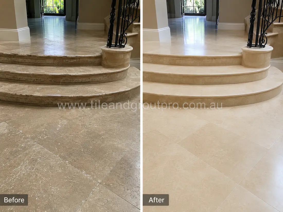 Residential travertine staircase and entry floor before grinding, showing dull stone surfaces, edge wear, scratches, and uneven finish on curved stair treads and hallway tiles.