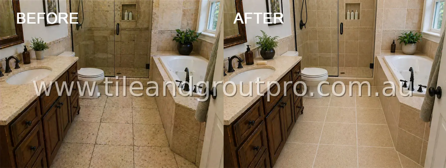 Travertine tiles before and after regrouting demonstrating improved grout consistency and refreshed appearance