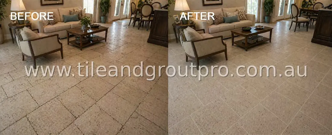 Travertine tile floor before and after regrouting showing restored grout lines and a cleaner uniform finish