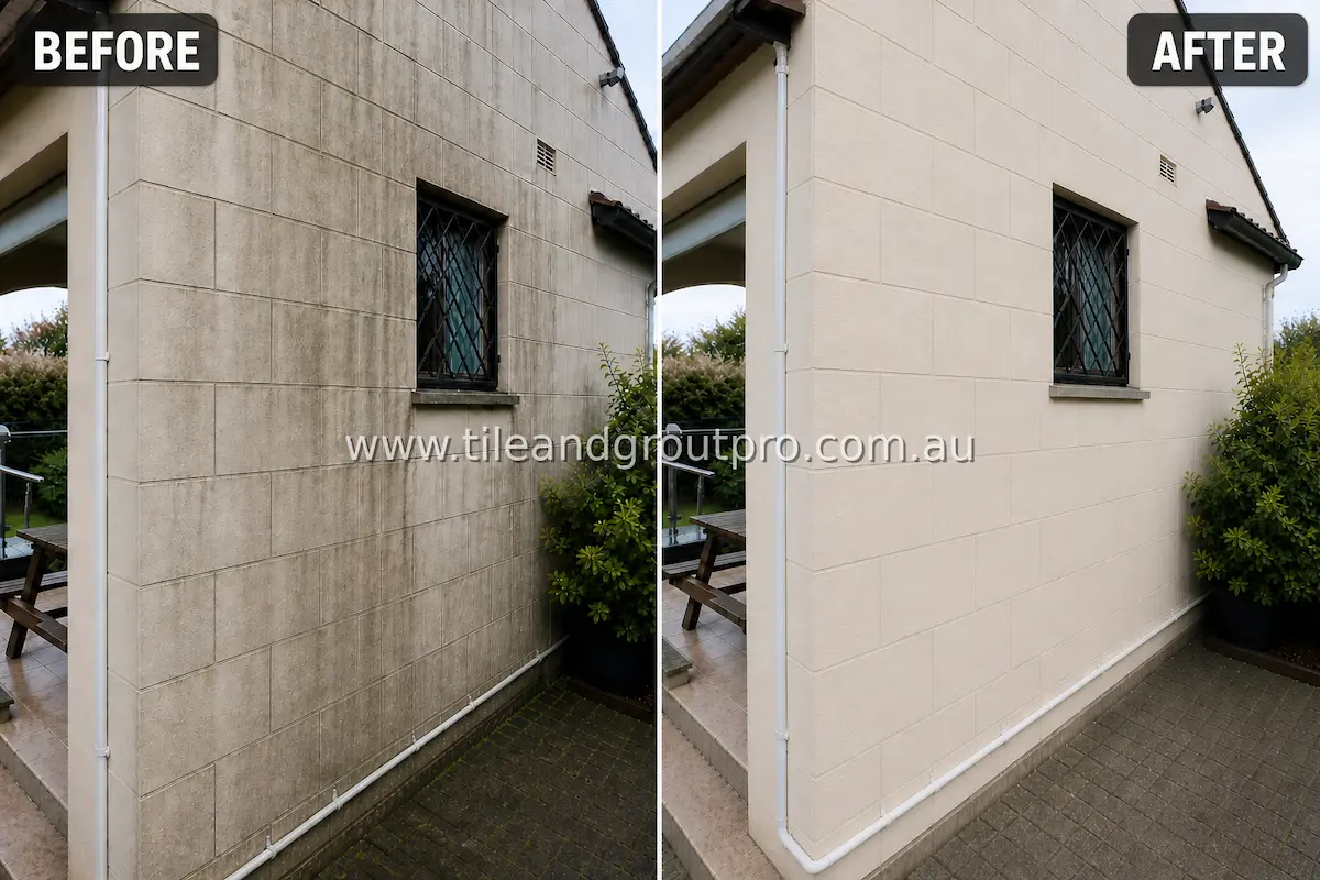 Exterior house wall with large ceramic tiles affected by weather staining, algae streaks, and surface grime before tile and grout cleaning
