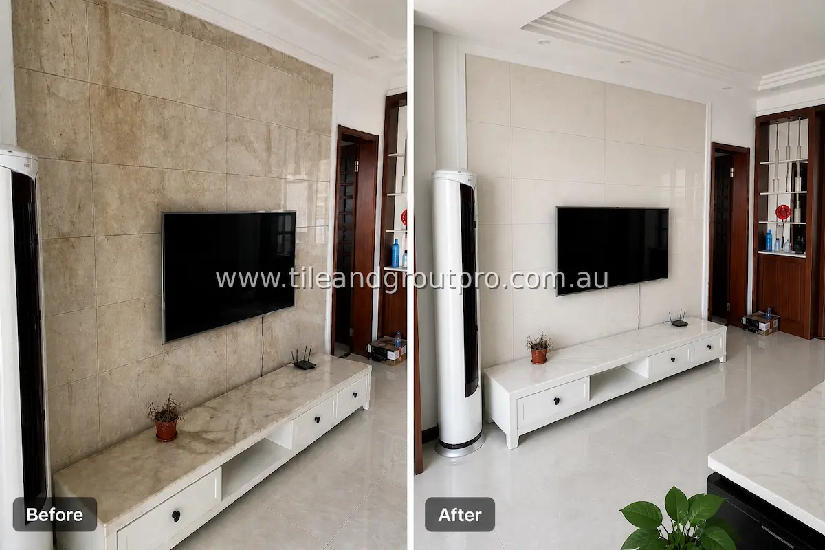 Large-format ceramic tile feature wall behind TV in living room with visible grime, streaking, and dull surface buildup before tile and grout cleaning