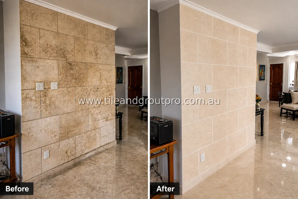 Feature wall in open living space with large-format ceramic tiles showing visible soil buildup, dark patches, and dirty grout lines before cleaning