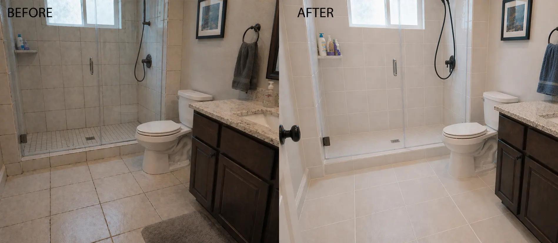 Shower and floor tiles before and after regrouting with consistent grout lines and improved overall finish