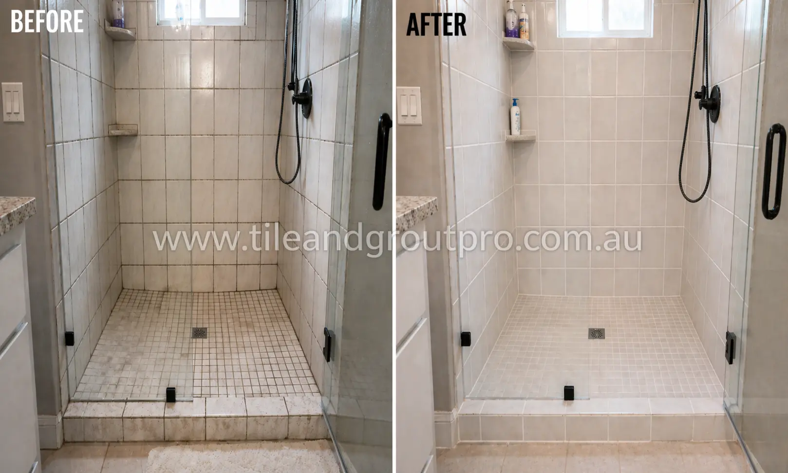 Shower tiles before and after regrouting showing clean, uniform grout lines and refreshed appearance