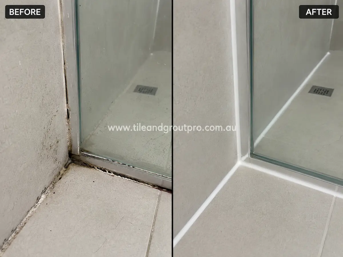  Before and after view of a ceramic shower screen base corner with dirty mould-stained silicone replaced with clean white waterproof silicone.