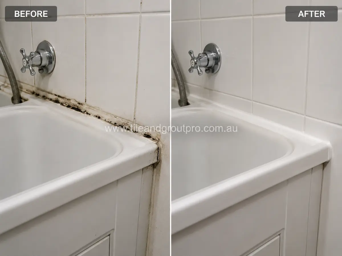 Before and after view of a white ceramic bathtub corner with mouldy cracked silicone joints replaced with smooth new white silicone sealant. 
