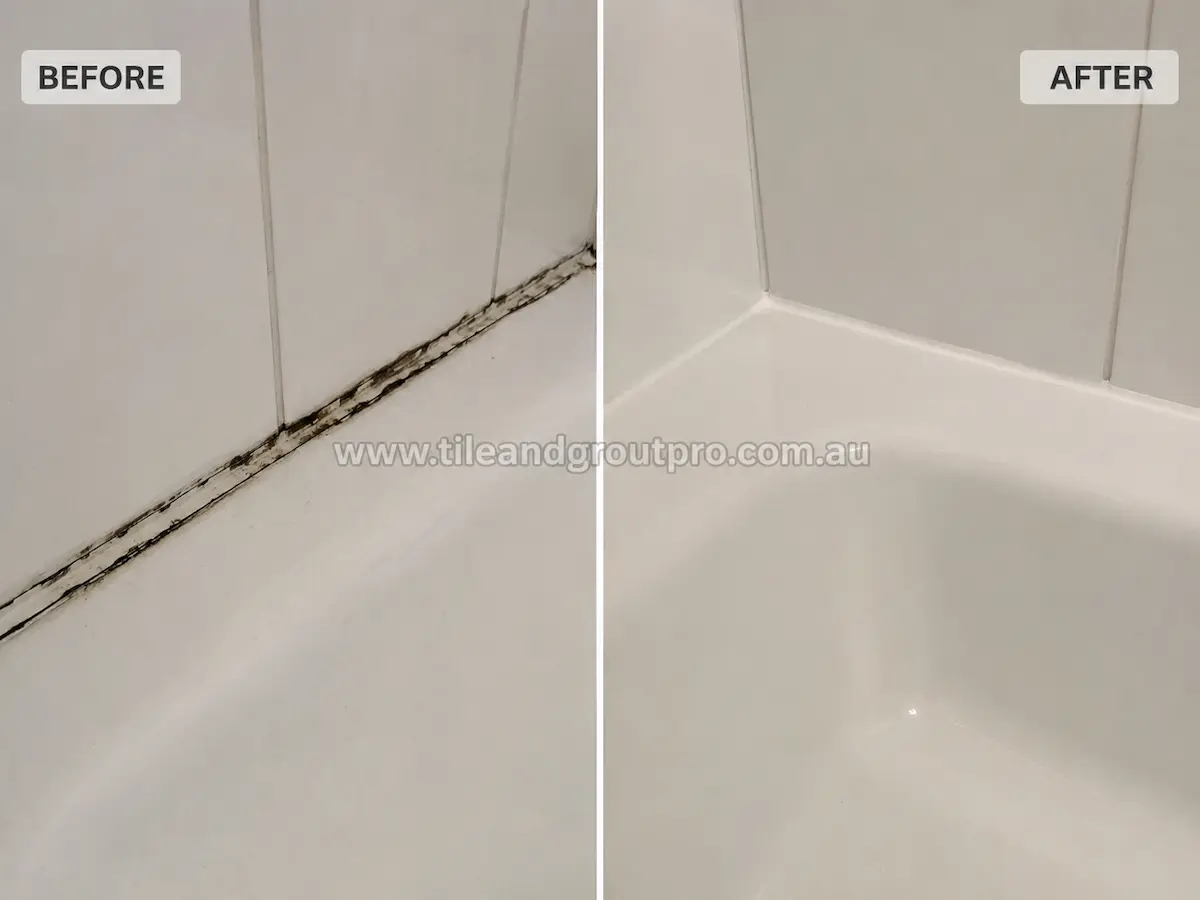  Before and after view of a white ceramic bathtub wall joint with black mould and failing silicone replaced with smooth clean white silicone.