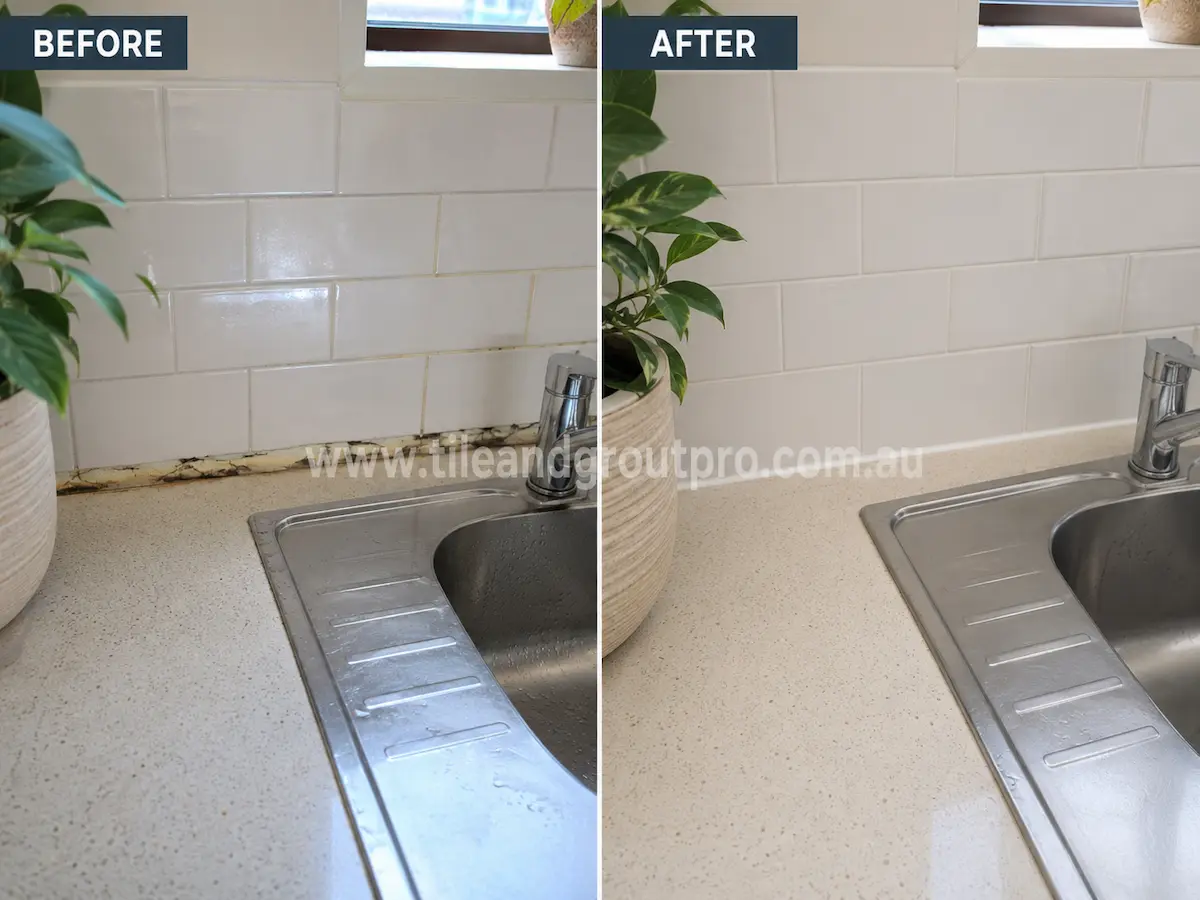 Before and after view of a white subway tile kitchen splashback with stained and mouldy silicone joints behind a stainless steel sink replaced with fresh white silicone. 