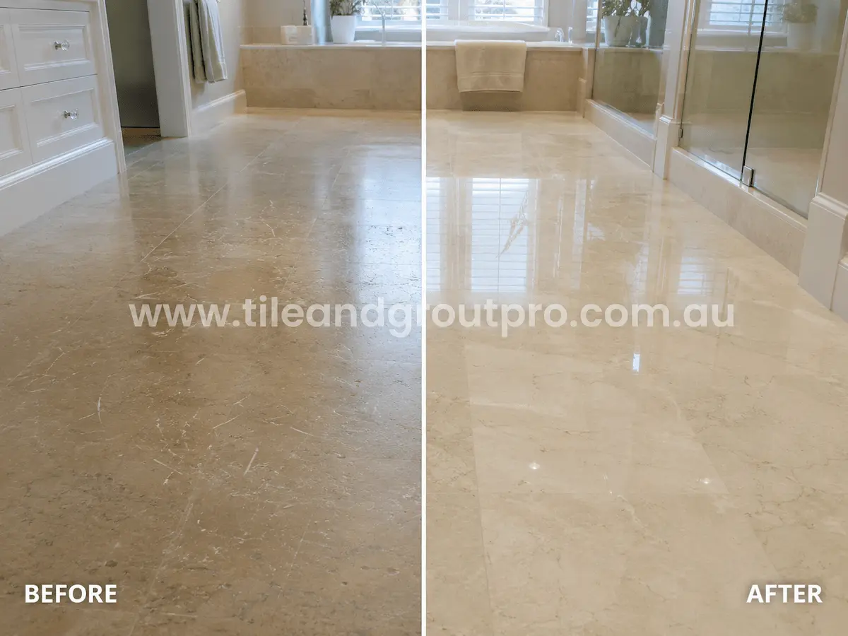 Before and after view of a bathroom marble floor with etching, scratches, and loss of shine restored through stone grinding and polishing.