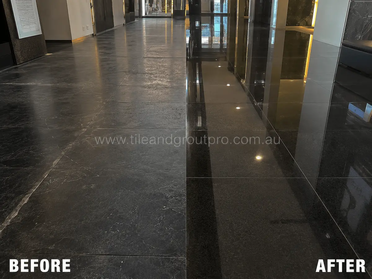 Before and after view of a commercial black granite lobby floor with scratches, haze, and uneven shine refinished through stone grinding and polishing.