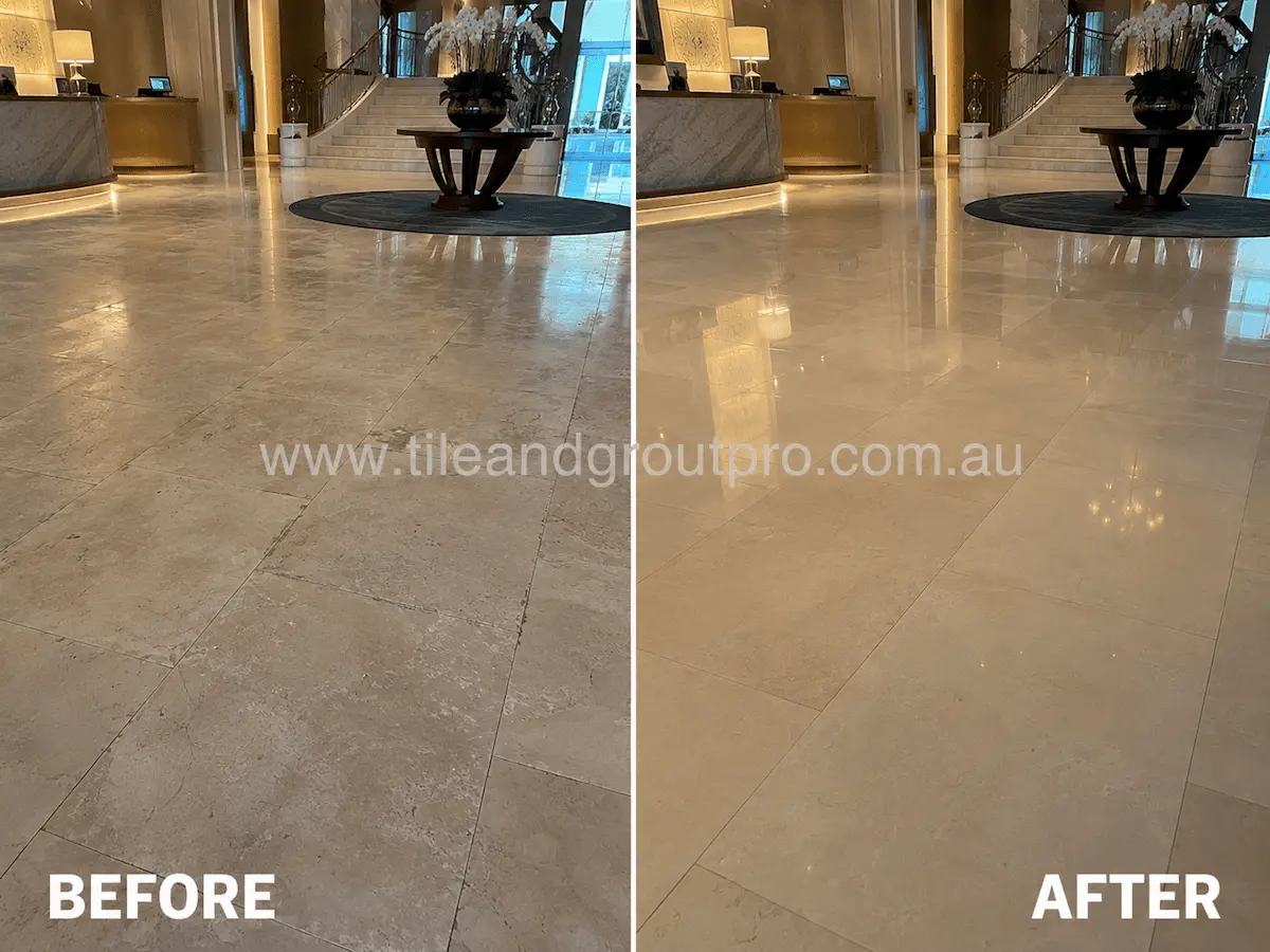 Before and after view of a polished marble hotel lobby floor with dull etching, traffic wear, and surface haze restored through professional stone grinding.