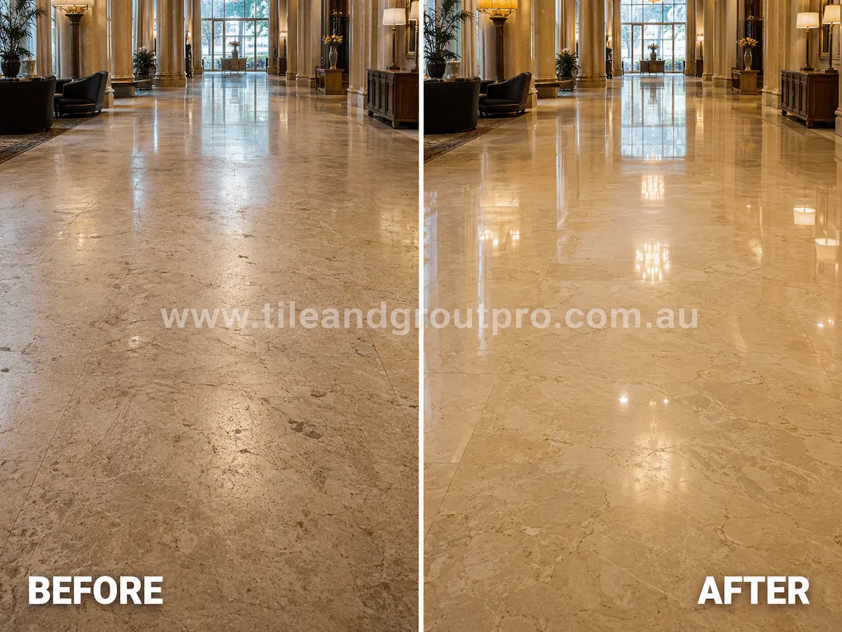 Before and after view of a polished marble hotel lobby floor with dull etching, traffic wear, and surface haze restored through professional stone grinding.