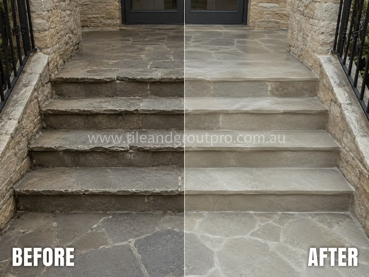 Before and after view of an indoor marble bathroom floor with dullness, light etching, and worn surface refinished using stone grinding and polishing.