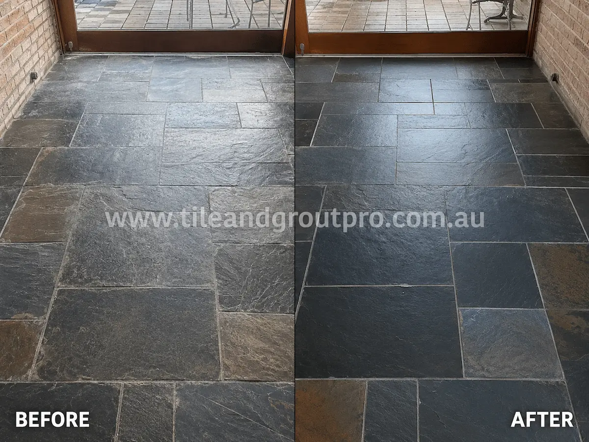 Before and after view of indoor slate stone floor tiles with faded surface, dull finish, and uneven appearance restored through stone grinding.