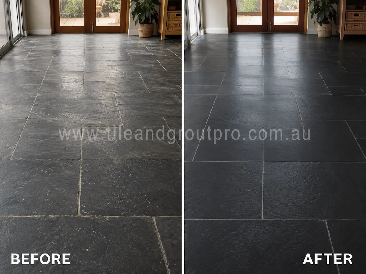 Before and after view of an indoor slate tile floor with dull finish, scuffing, and uneven surface appearance refinished using stone grinding and sealing.