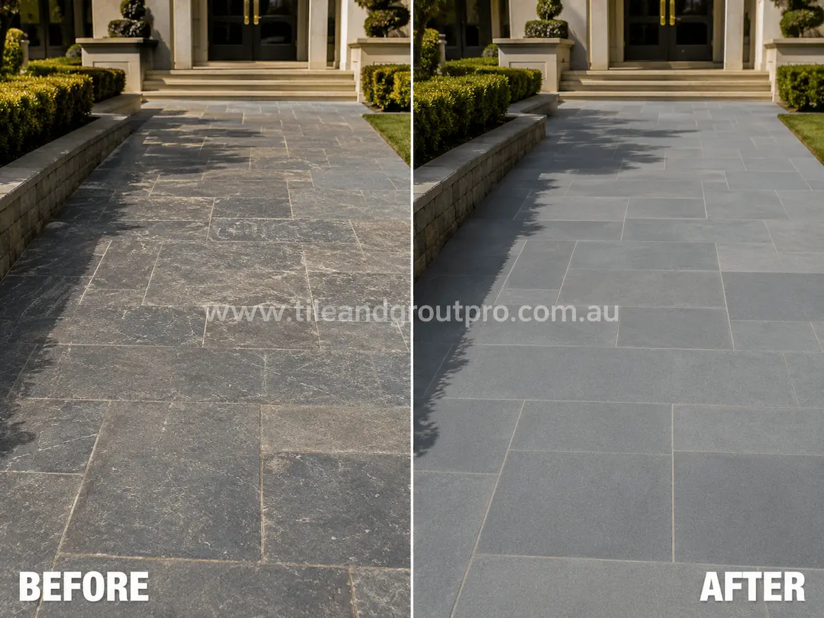 Before and after view of an outdoor bluestone walkway with weathered finish, surface fading, and discoloration restored through stone grinding and refinishing.