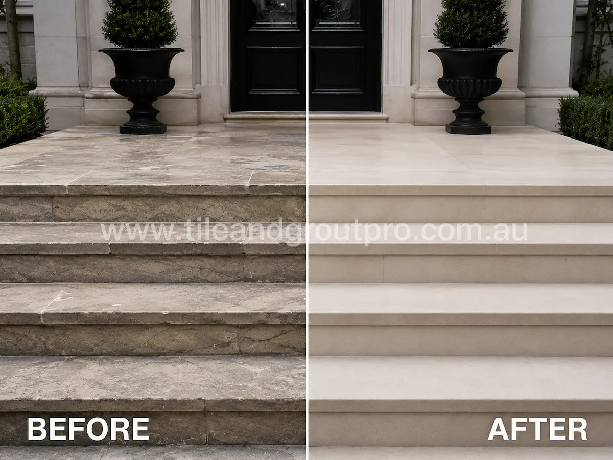 Before and after view of outdoor limestone entry steps with weathering, discoloration, and worn stone surfaces refinished through stone grinding and restoration.