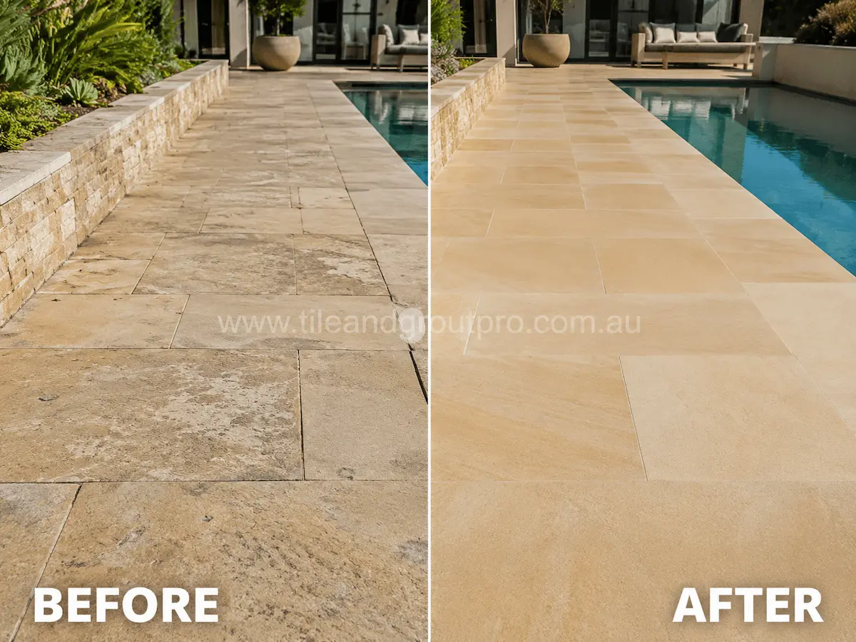 Before and after view of poolside limestone paving tiles with weathering, surface wear, and faded finish professionally restored using stone grinding.