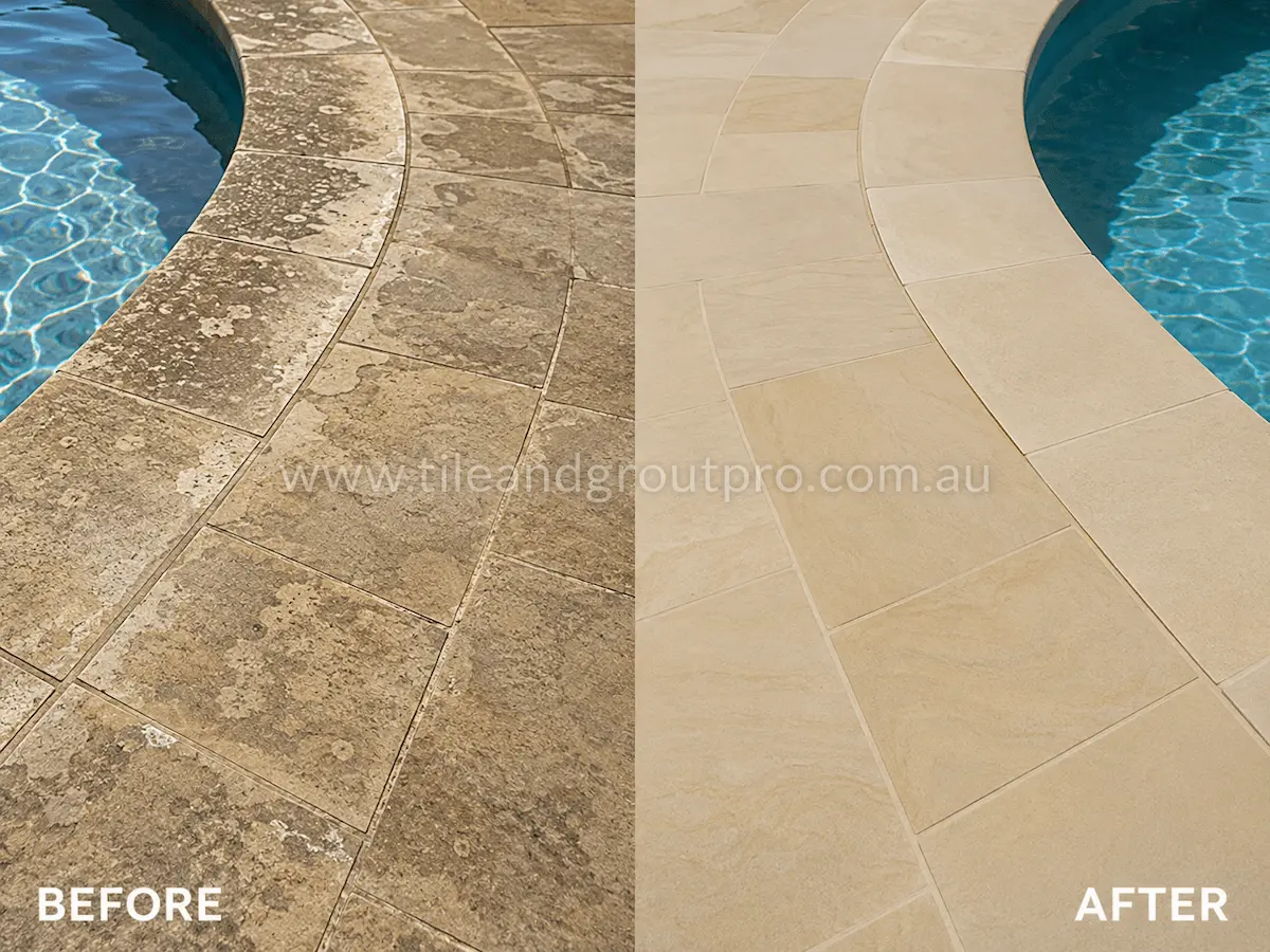 Before and after view of curved poolside travertine pavers with heavy weathering, staining, and faded surface restored through professional stone grinding.