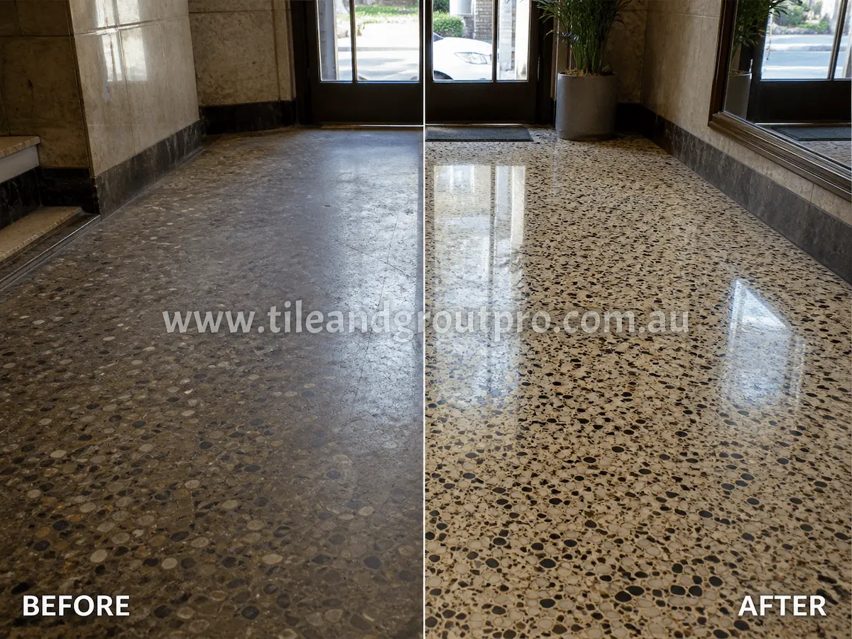 Before and after view of a terrazzo entry floor with dullness, wear marks, and reduced clarity professionally restored using stone grinding and polishing.