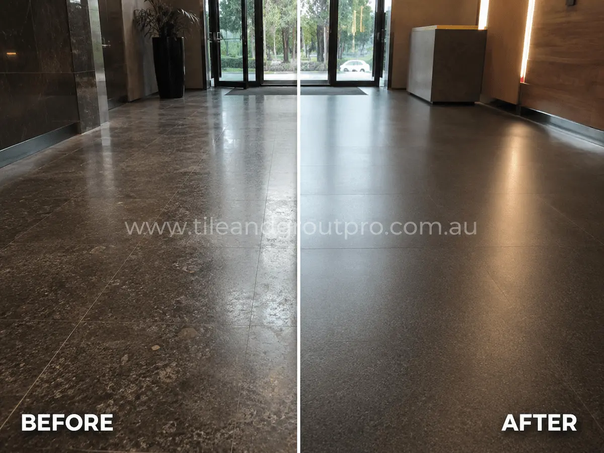 Before and after view of a commercial terrazzo lobby floor with dull finish, surface wear, and reduced clarity restored through stone honing and refinishing.